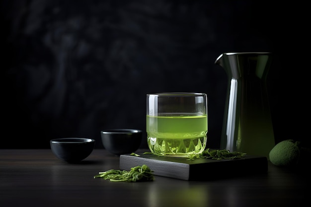 Glastasse mit japanischem grünem Matcha-Tee serviert auf schwarzem Tischhintergrund mit Kopierraum