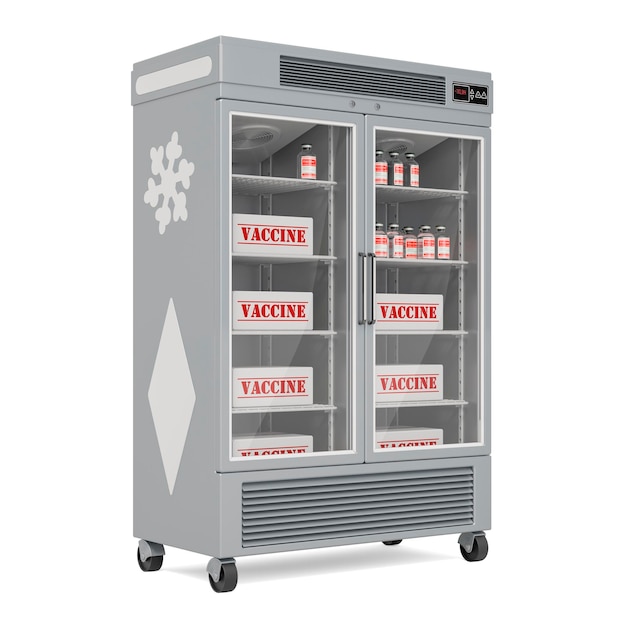 Glastür-Apothekenkühlschrank mit Impfstoffampullen 3D-Darstellung