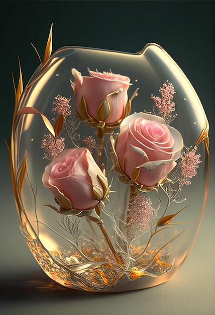 Glasvase mit drei rosa Rosen darin generative ai