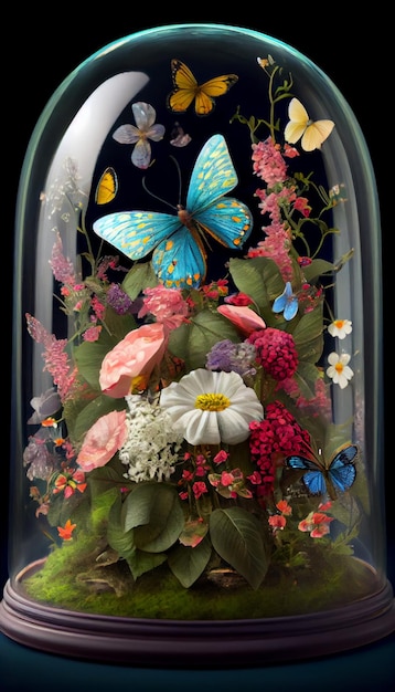 Glasvase mit wilden Blumen und Schmetterlingen isoliert auf schwarzem Hintergrund Generative AI