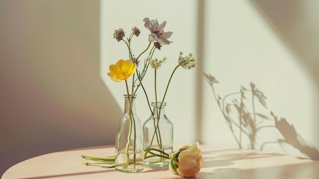Glasvasen mit Blumen auf einem elfenbeinfarbenen Tisch in der Nähe einer beigen Wand. Generative KI