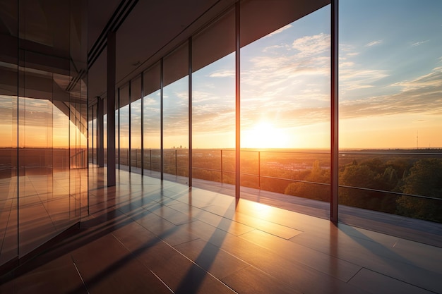 Glaswand mit freiem Blick auf den Sonnenaufgang, der neuen Tag und Versprechen bringt