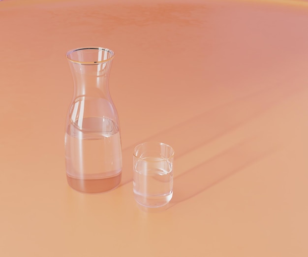 Glaswasserflasche und Glas auf orangefarbenem Hintergrund 3D-Rendering