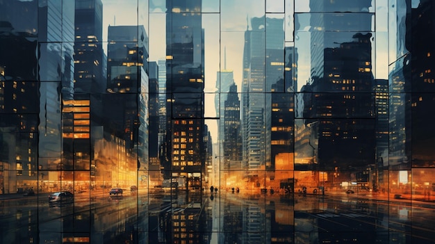 Glaswolkenkratzer spiegeln das Stadtleben in der Abenddämmerung wider