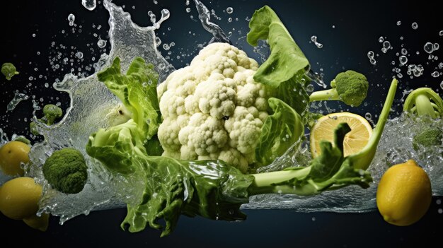Foto glatte frische, organische, rohe blumenkohl gemüse mit blättern, die in wasser fallen und spritzen