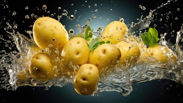 Glatte frische, organische, rohe Kartoffel Gemüse, das in Wasser fällt und spritzt