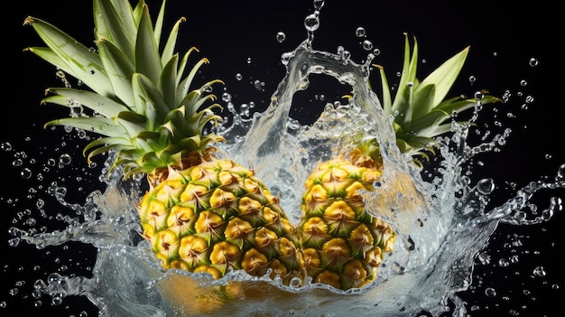 Foto glatte, frische, reife, organische ananas, tropische früchte, scheiben, die in wasser fallen und spritzen