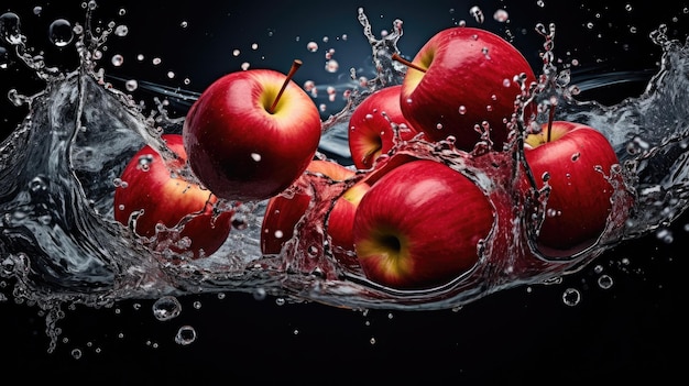 Glatte, frische, reife, organische rote Apfelfrüchte, die in zwei Hälften geschnitten werden und in Wasser fallen und spritzen