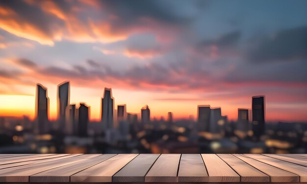 Foto glatte tischplatte auf verschwommener stadt mit sonnenuntergang-hintergrund