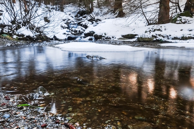 Glatte Wasseroberfläche in einem Bach mit Schnee