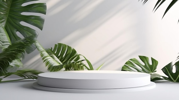 Glattes, rundes, weißes Podium im Sonnenlicht, tropischer Palmblattschatten für generative KI auf weißem Tisch