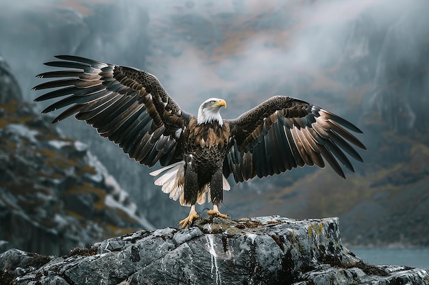 Glatze Adler fliegen vor einem verschwommenen Hintergrund
