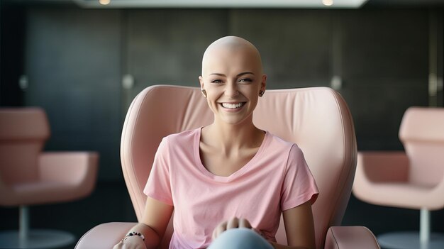 Foto glatze frau lächelt in rosa hemd