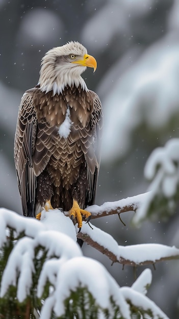 Glatzköpfiger Adler sitzt auf einem schneebedeckten Zweig Porträt kniend und sieht wunderschön aus helle weiße ältere Wache