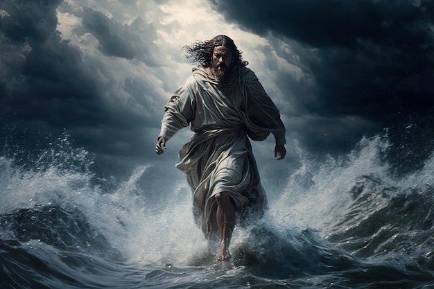 Glaube an den Sturm Jesus geht auf dem Wasser inmitten von Wind und Wellen Generative KI