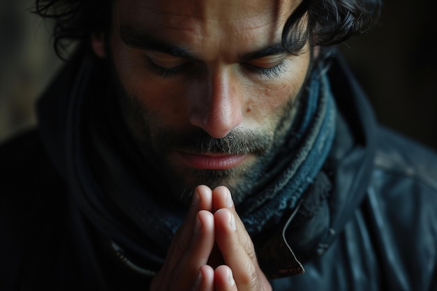 Glaubens- und Gebetskonzept Vorderseite eines erwachsenen Mannes mit gefalteten Händen und geschlossenen Augen, der betet