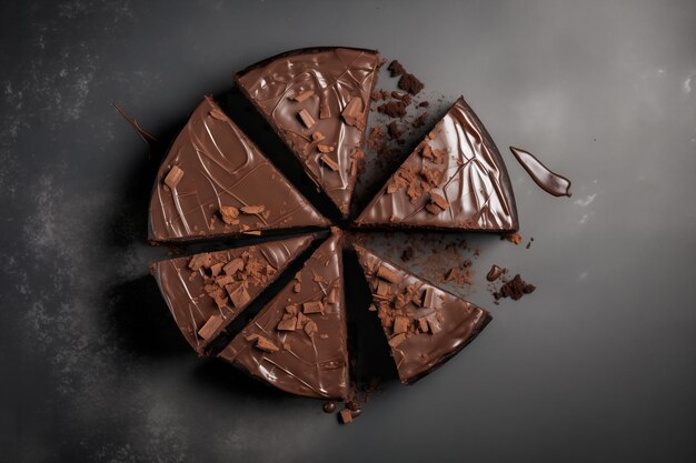 Foto glazierter schokoladenkuchen, der auf einer top-view-anzeige gegen eine stilvolle graue beton-tischplatte geschnitten ist