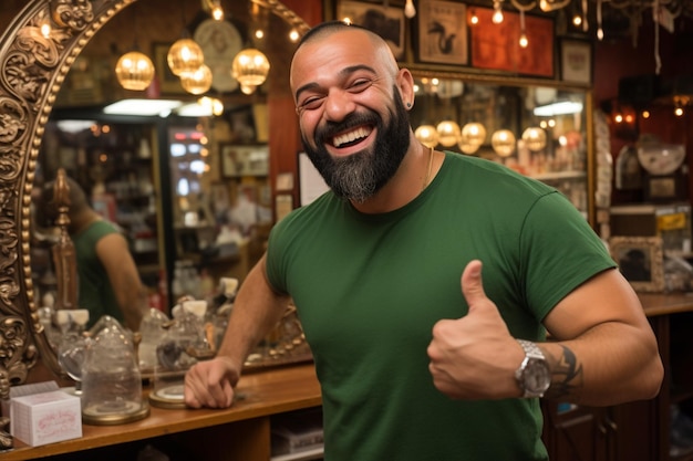 Gleeful Glasswork sonriendo frente a un espejo