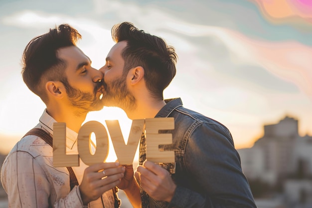 Gleichgeschlechtliches Liebeskonzeptbild mit lieblichen schwulen Männern, die sich küssen, während sie ein Liebeszeichen halten