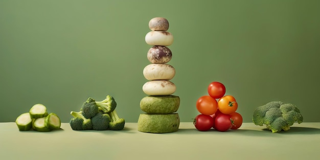 Gleichgewichtslebensmittel-Balance-Diätkonzept Balancierende Pyramide oder Turm aus Gemüse Generative KI