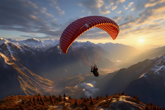 Gleitschirmfliegen über dem See bei Sonnenuntergang in den Bergen