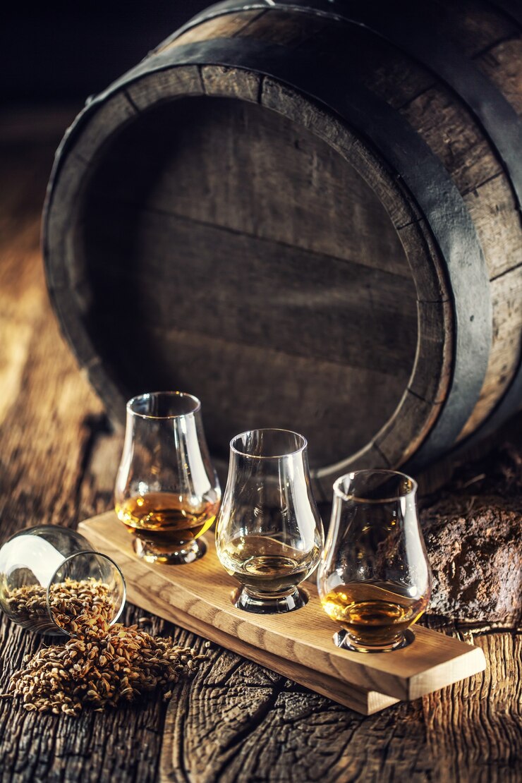 Glencairn Tasting Whisky Cups mit Holzfass, Torf und Gerste daneben.