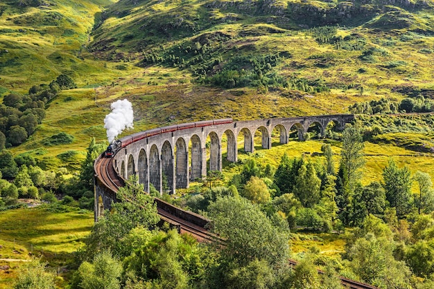 Glenfinnan Railway Viaduct in Schottland mit einem Dampfzug