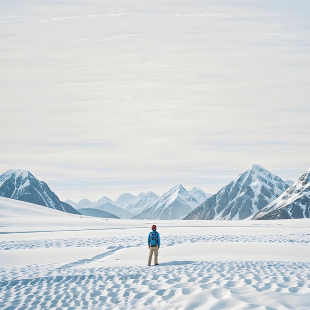 Foto gletscherbild eines jungen, der im schnee steht und auf die berge am horizont blickt