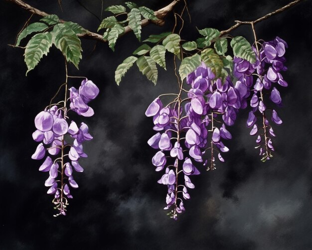 Glicínias penduradas em um ramo com flores roxas