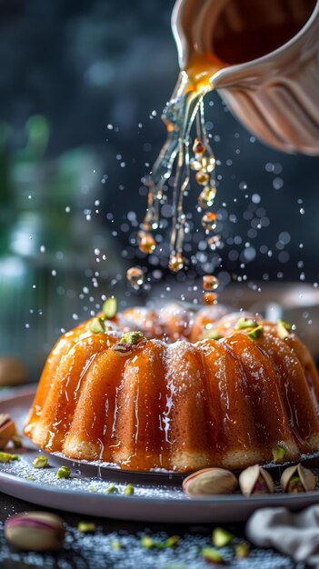 Glistening Caramel Syrup vertiendo sobre un delicioso pastel Bundt adornado con pistachos en un rústico