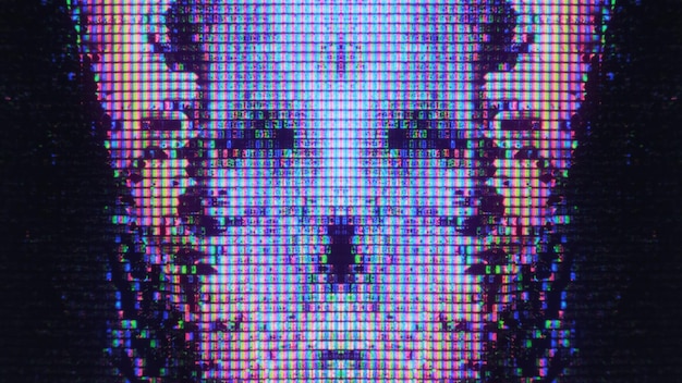 Glitch art ruído cibernético neon light pixel rosto alienígena