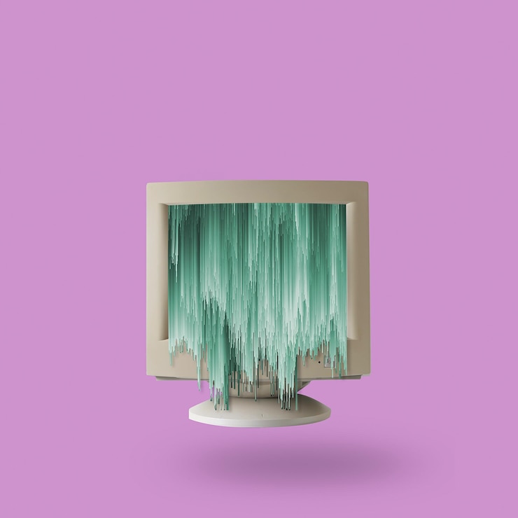 Foto glitch drena desde el monitor de pantalla de computadora retro. concepto creativo de internet de realidad virtual vaporwave retrowave.