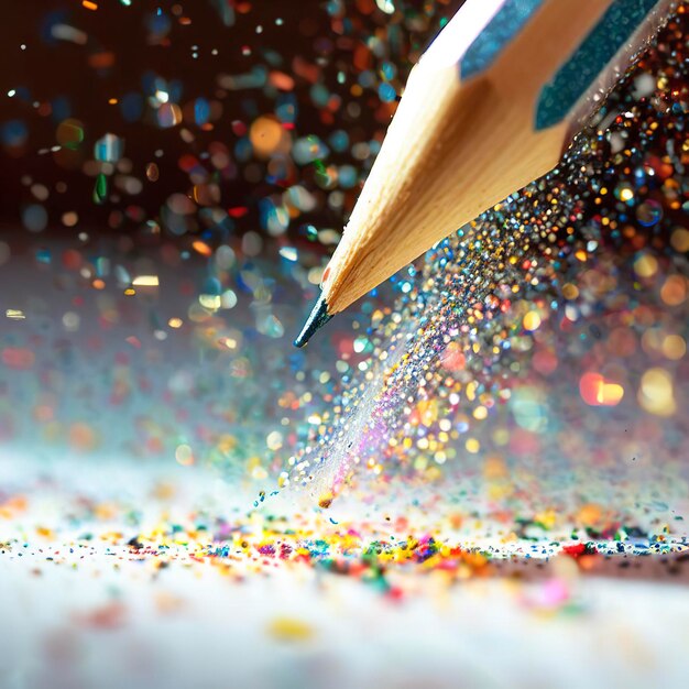 Glitter brilhante multicolorido saindo da ponta de um lápis ao tocar o realismo brilhante do papel