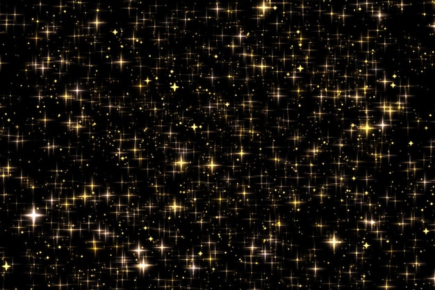 Glitter dourado de férias e estrelas de sobreposição cintilantes e textura de brilho mágico em partículas de poeira de estrelas douradas de fundo preto para design de luxo e glamour