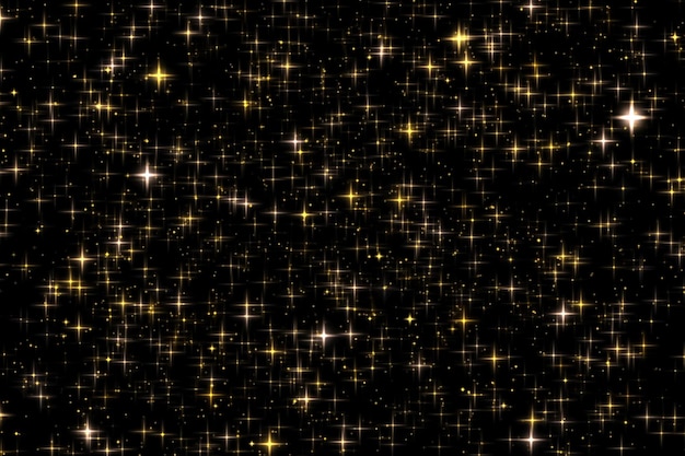 Glitter dourado de férias e estrelas de sobreposição cintilantes e textura de brilho mágico em partículas de poeira de estrelas douradas de fundo preto para design de luxo e glamour