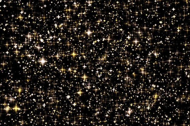 Glitter dourado de férias e estrelas de sobreposição cintilantes e textura de brilho mágico em partículas de poeira de estrelas douradas de fundo preto para design de luxo e glamour