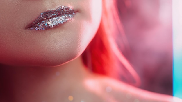 Glitter labios arte maquillaje neón mujer brillo metálico