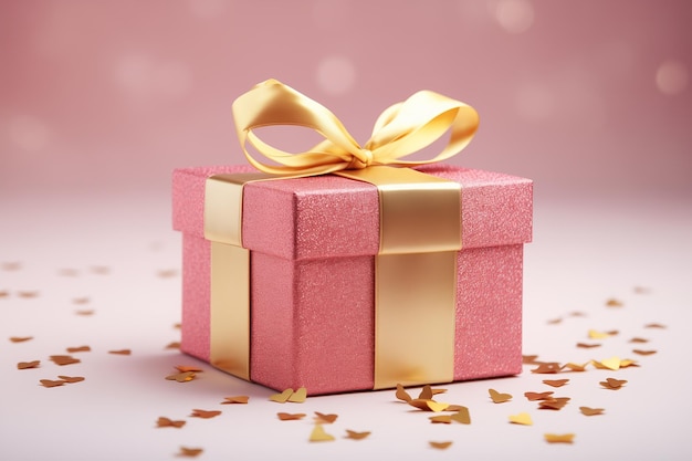 Glitzernde rosa Geschenkkiste mit Goldband und herzförmigem Konfetti