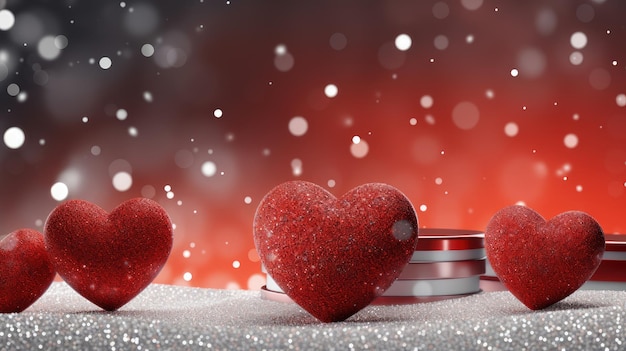 Glitzernde rote Herzen, die auf Schnee ausgekleidet sind, Symbol für romantische Liebe und Wärme Generative KI