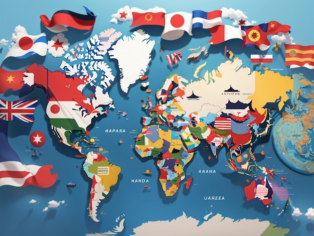 Global Harmony Rendering 3D de un mapa del mundo con estados y banderas