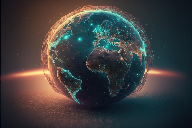 Global Network Design Erdkugel bedeckt mit leuchtender Netz-KI-Technologie