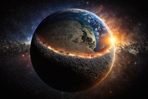Globale Aussicht einschließlich der Sonnensterne und der Milchstraße Aus dem Weltraum erleuchtet ein Sonnenaufgang die Erde