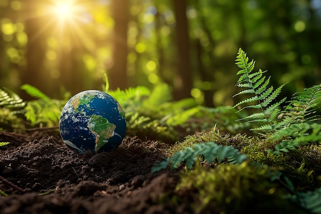 Globale Erde auf dem Boden im Wald mit Farnen und Sonnenschein