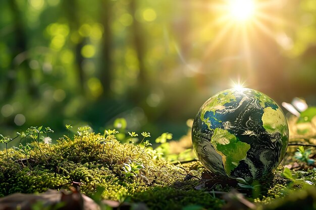 Globale Erde auf dem Boden im Wald mit Farnen und Sonnenschein