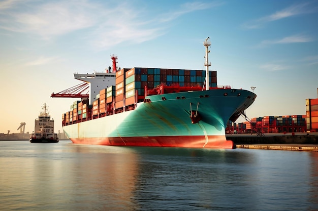 Globale Geschäftslogistik Import-Export-Fracht Frachtschiff mit Seecontainern an Bord im Hafen Transport von Gütern über den Ozean Seecontainerschiff wird von Schleppern zum Hafen eskortiert