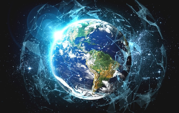 Globale Netzwerkverbindung, die die Erde mit innovativen Wahrnehmungslinien bedeckt