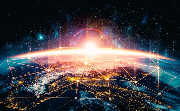 Globale Netzwerkverbindung, die die Erde mit Linien innovativer Wahrnehmung bedeckt