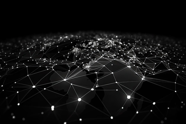Globale Netzwerkverbindung Hintergrund 3D-Rendering 3D-Illustration Schwarz-weiße globale Netzwerkverbindung auf einer gebogenen Weltkarte, Hologramm AI generiert