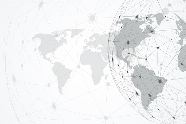 Globale Netzwerkverbindungen mit Weltkarte. Hintergrund der Internetverbindung. Abstrakte Verbindungsstruktur. Polygonaler Raumhintergrund, Abbildung.