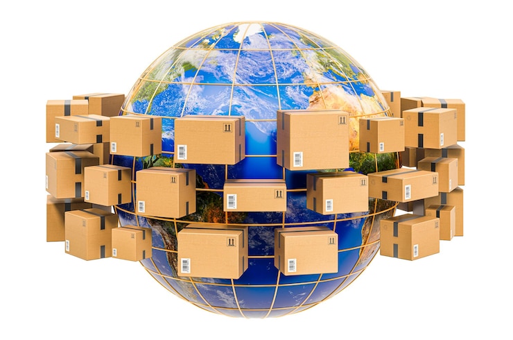 Foto globale versand- und lieferkonzeptpakete mit earth globe rund um 3d-rendering